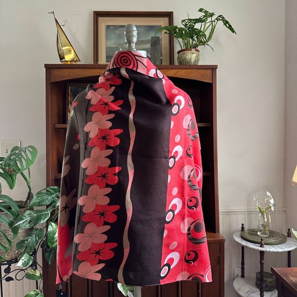 Floral Geometric Infinity Scarf: Red, Brown & Pink Abstract Circle Scarf - Picture 3 of 11